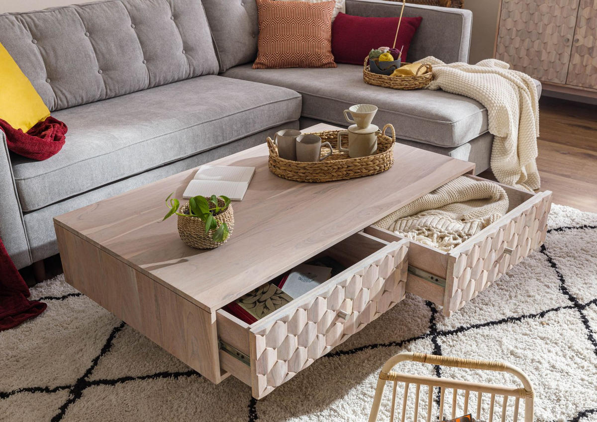 COUCHTISCH Akazie 120x70x40 weiß lackiert MOSAYK #203 - Weiß, Holz (120/70/40cm) - Massivmoebel24