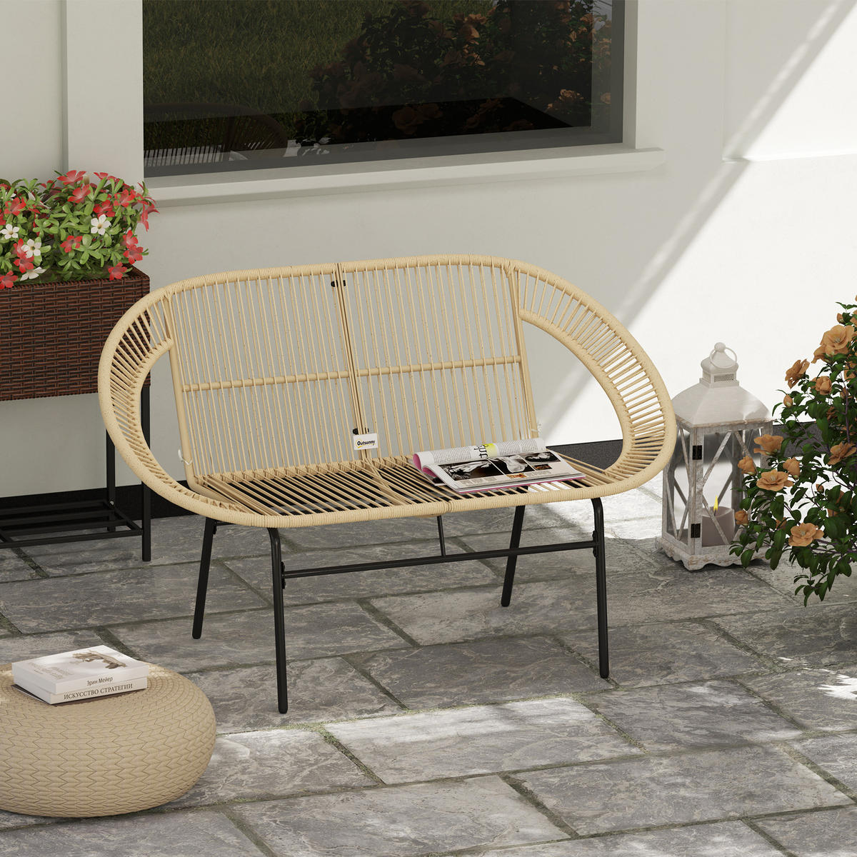 GARTENBANK 2-Sitzer im Rattanflecht-Design - Beige, Metall (72/83/126cm) - Outsunny