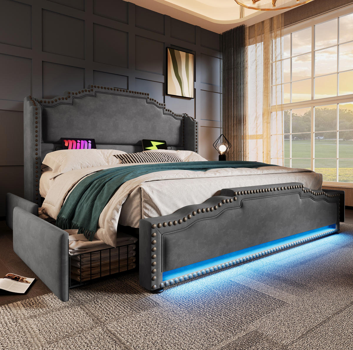 TAPECIRANI krevet 140/200 cm u baršunu s LED osvjetljenjem, USB i Type-C priključkom te 4 ladice, Siva - siva, tekstil (140/200cm) - Redom