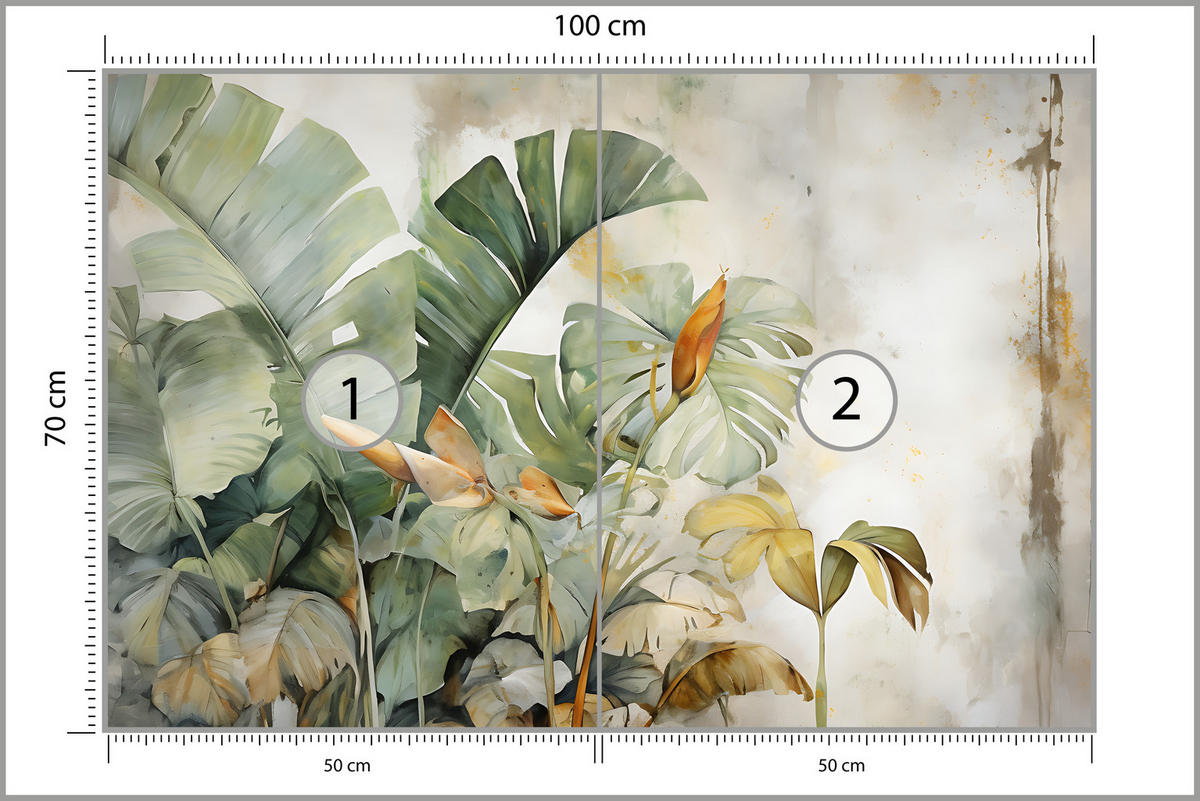 FOTOTAPETE für Wohnzimmer Exotische Blätter Abstrakt Pastell 100x70 - Gelb/Beige, Papier (100/70cm) - Muralo