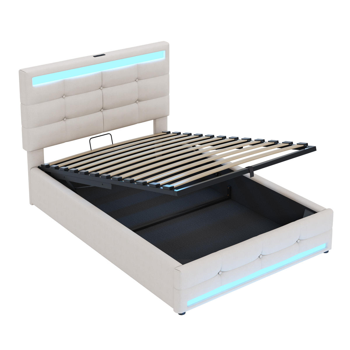 POLSTERBETT aus Leinen 90x200 cm in Beige mit LED & USB - Beige, Textil (90/200cm) - Modfu