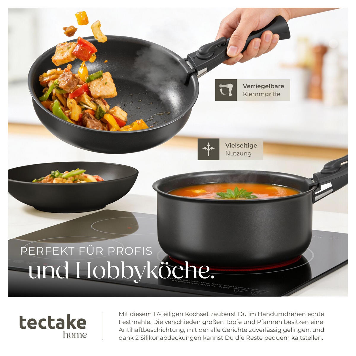 KÜCHENSTARTERSET 47er Set Una/Parma, inklusive Topfschonern und anklemmbaren Griffen, schwarz - Schwarz, Keramik - tectake