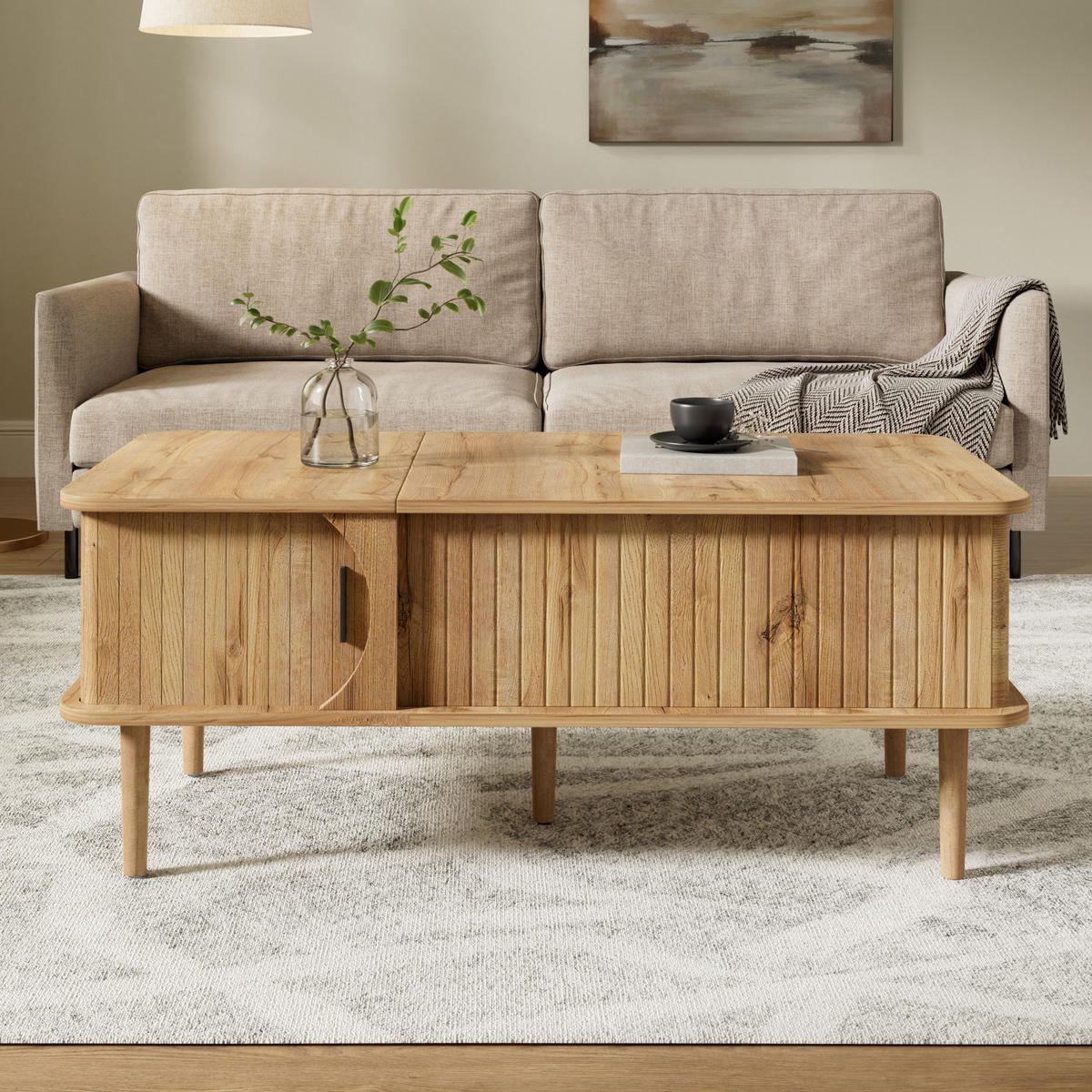 COUCHTISCH höhenverstellbar mit Schiebetür und Rillenoptik - Naturfarben, Holzwerkstoff (48/100/55.5cm) - FLIEKS