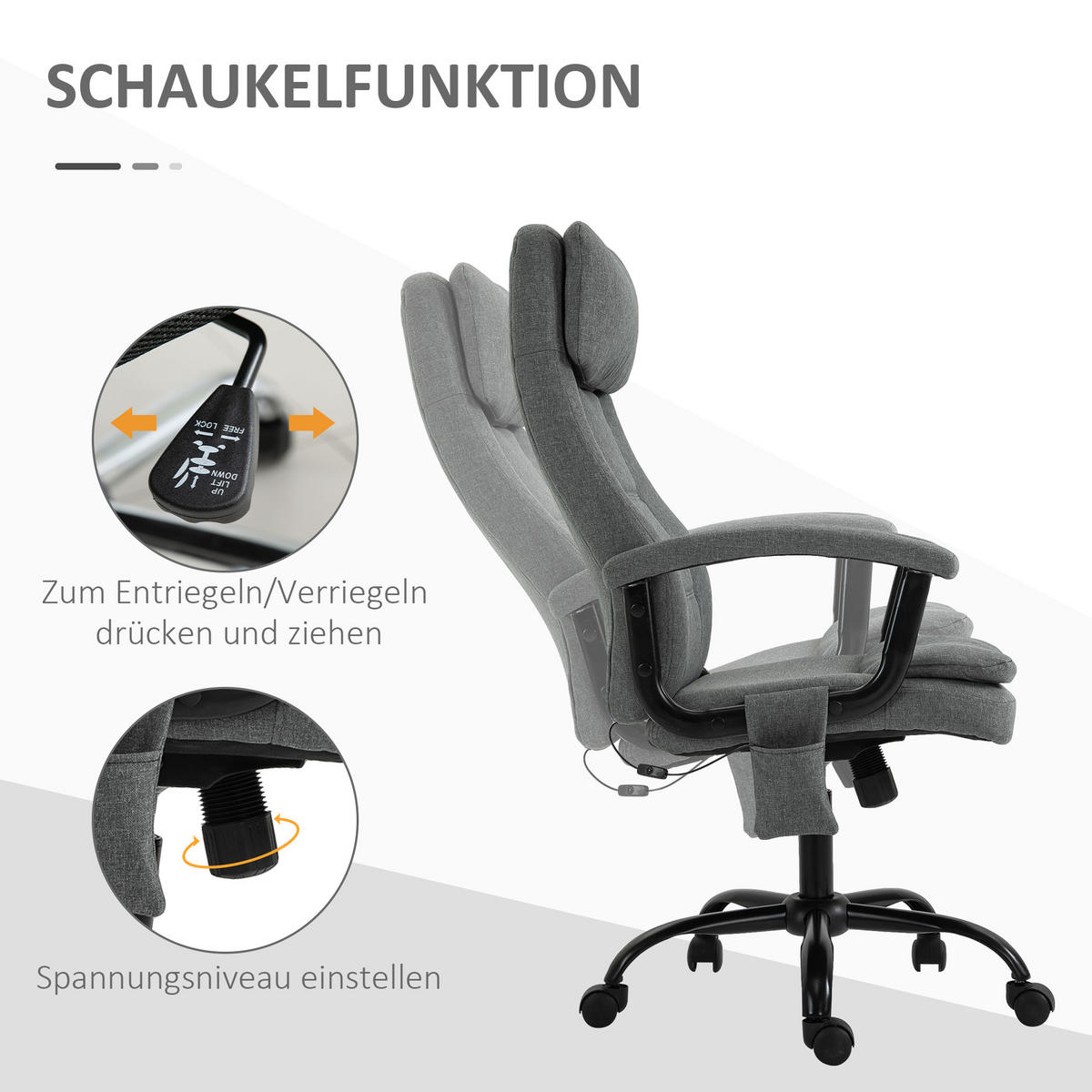 MASSAGEBÜROSTUHL Drehstuhl höhenverstellbar Lendenwirbelsäulenmassage Grau - Grau, Kunststoff (70/121/63cm) - Vinsetto