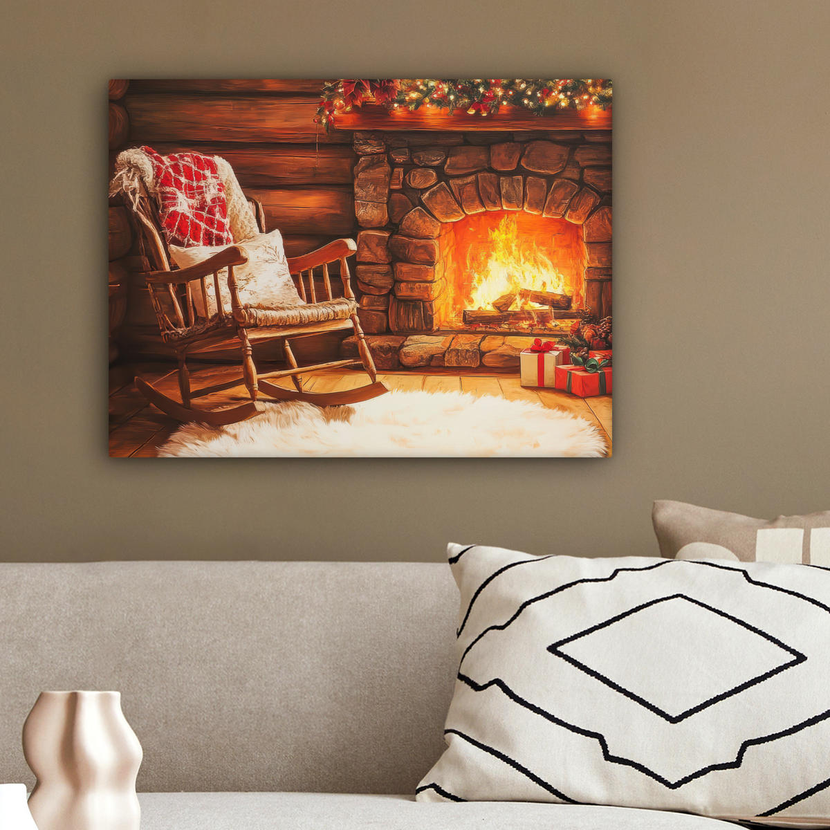 LEINWANDBILD Winter - Weihnachten - Zuhause - Kamin 40x30 cm - Bernsteinfarben, Textil (40/30cm) - MuchoWow