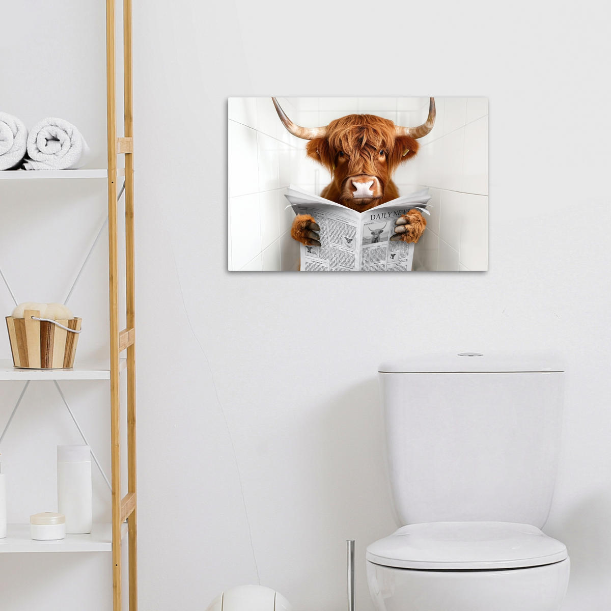 LEINWANDBILD Schottischer Highlander - Tier - Zeitung - Toilette Gemälde 60x40 cm - Kastanienfarben, Textil (60/40cm) - MuchoWow