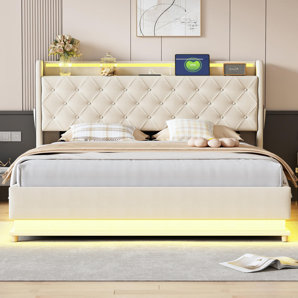 POLSTERBETT 160/200 cm in Beige Leinen mit Bettkasten, LED und USB - Beige, Holzwerkstoff/Textil (160/200cm) - WISHDOR