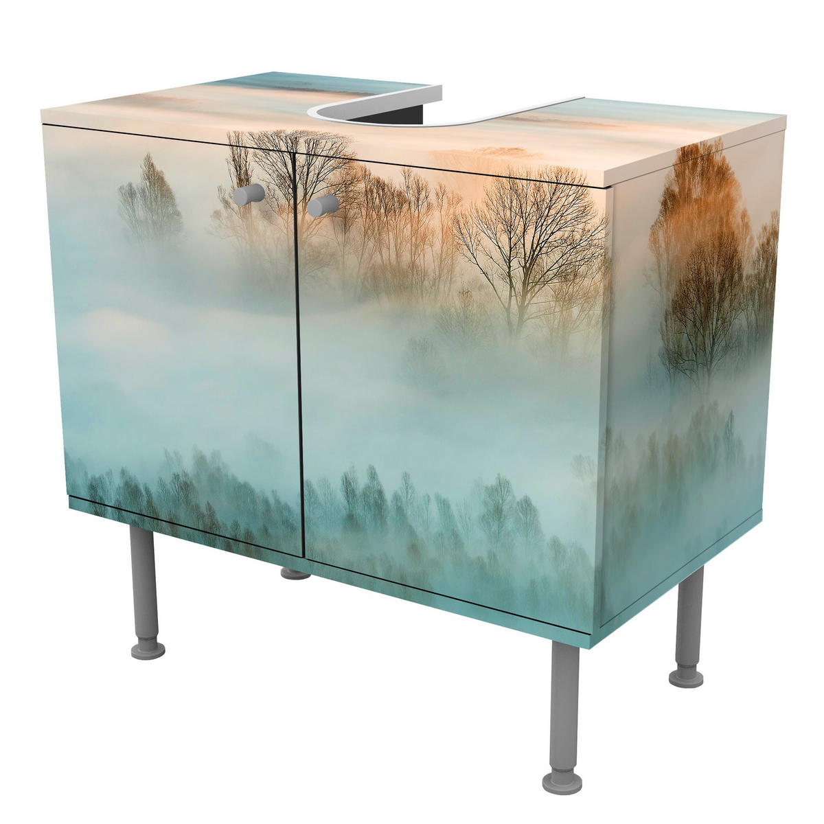 WASCHBECKENUNTERSCHRANK Nebel bei Sonnenaufgang 60/55/35 cm - Beige, Holzwerkstoff (60/55/35cm) - Bilderwelten