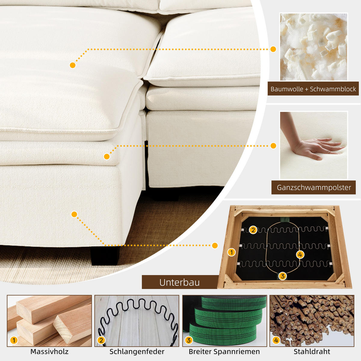 ECKSOFA 315/70/85 cm Beige mit Fußhocker, kabelloses Laden, Lautsprecher, Licht und 2 Getränkehalter - Beige, Textil (315/70cm) - Oxeza