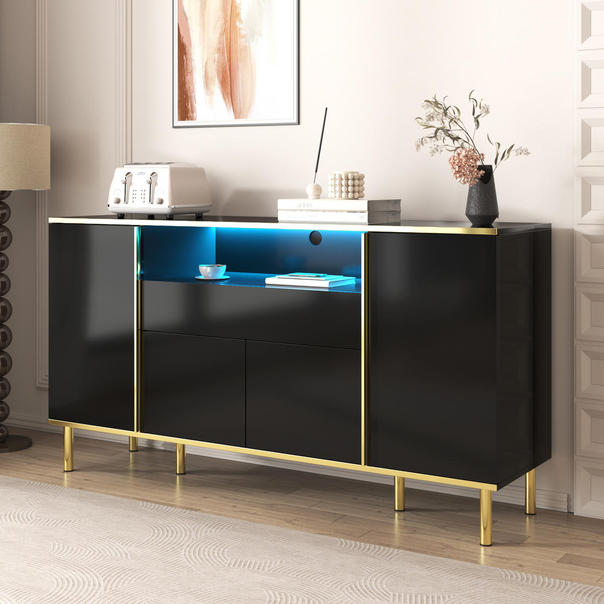 KUCHYŇSKÁ SKŘÍŇ černá, zásuvka, úložný prostor, do obývacího pokoje a ložnice, 150×40×80 cm - černá/zlatá, kov/kompozitní dřevo (150/80/40cm) - STILVORA