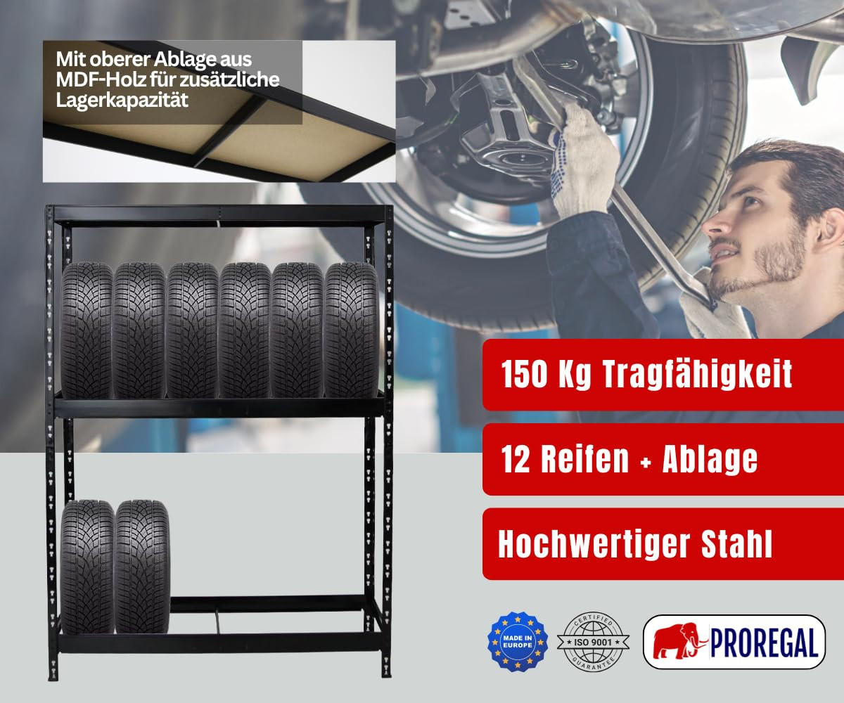 REIFENREGAL Tiger 180x130x50 cm bis zu 12 Reifen auf 2 Ebenen + Ablage Schwarz - Schwarz, Metall (130/180/50cm) - PROREGAL
