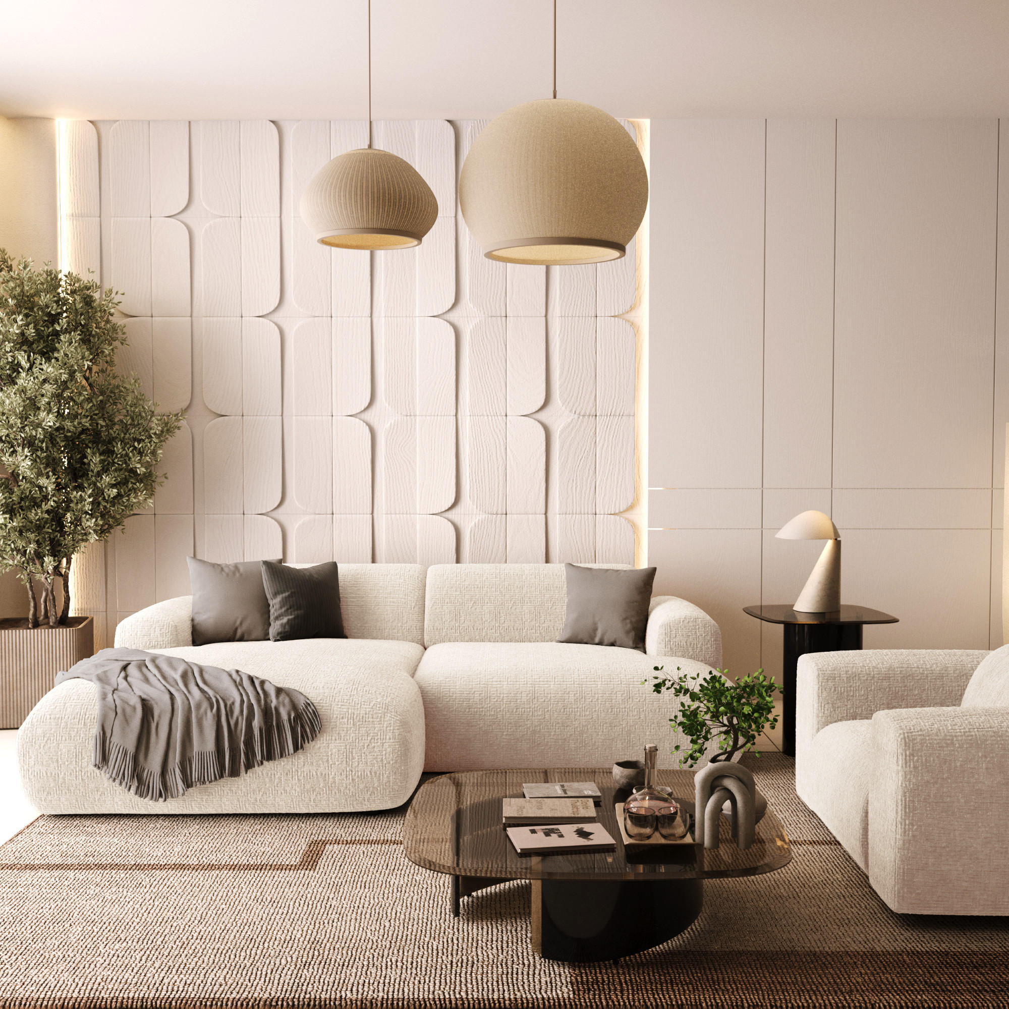 ECKSOFA LINKS Gemusterter Samt Creme 266cm - Creme, Textil (165/266cm) - Sia Home
