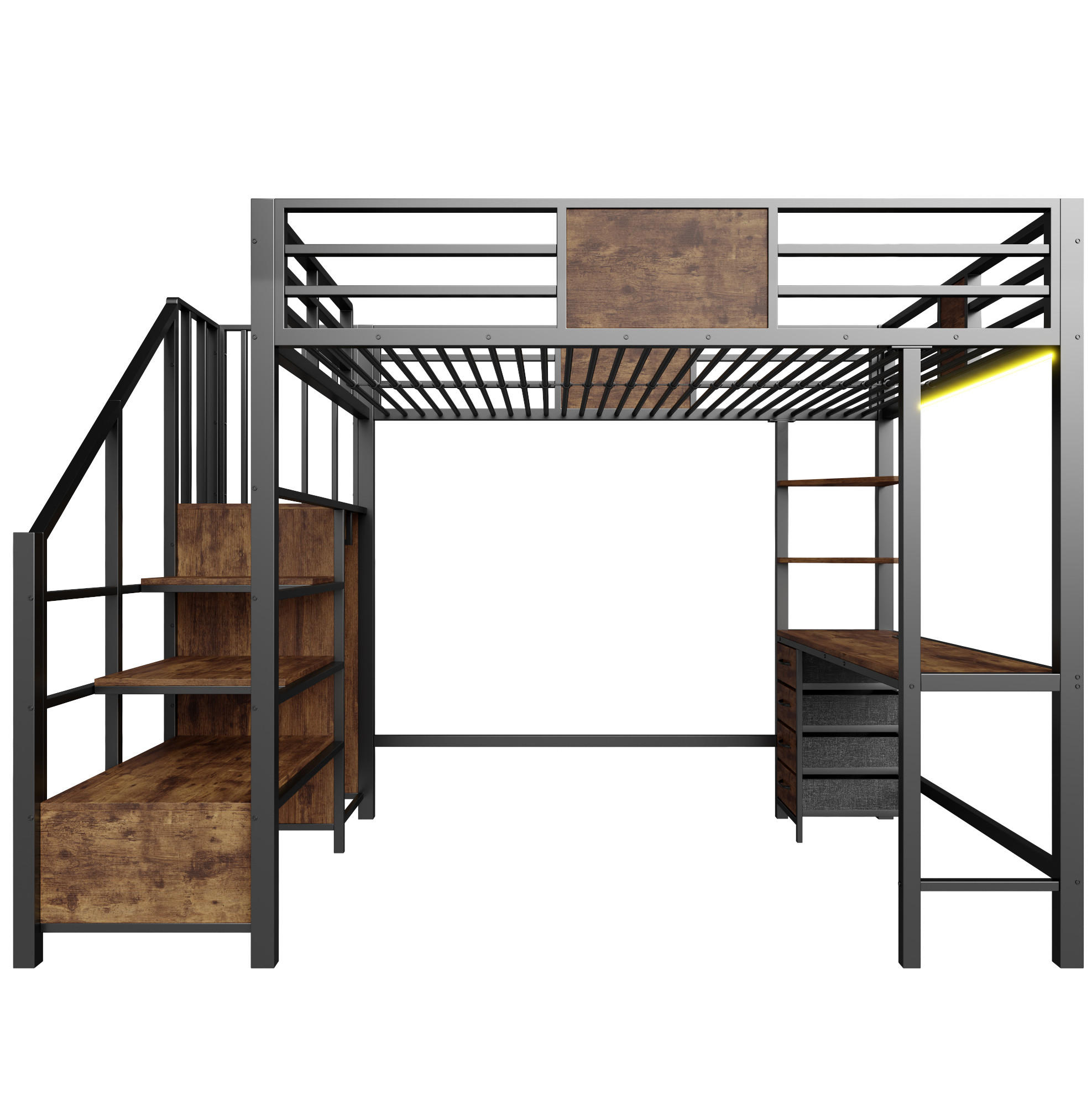 HOCHBETT 140/200 cm aus Metall mit Schreibtisch, Ablagen, Kleiderstange und LED Schwarz - Schwarz, Metall (140/200cm) - Modenvie