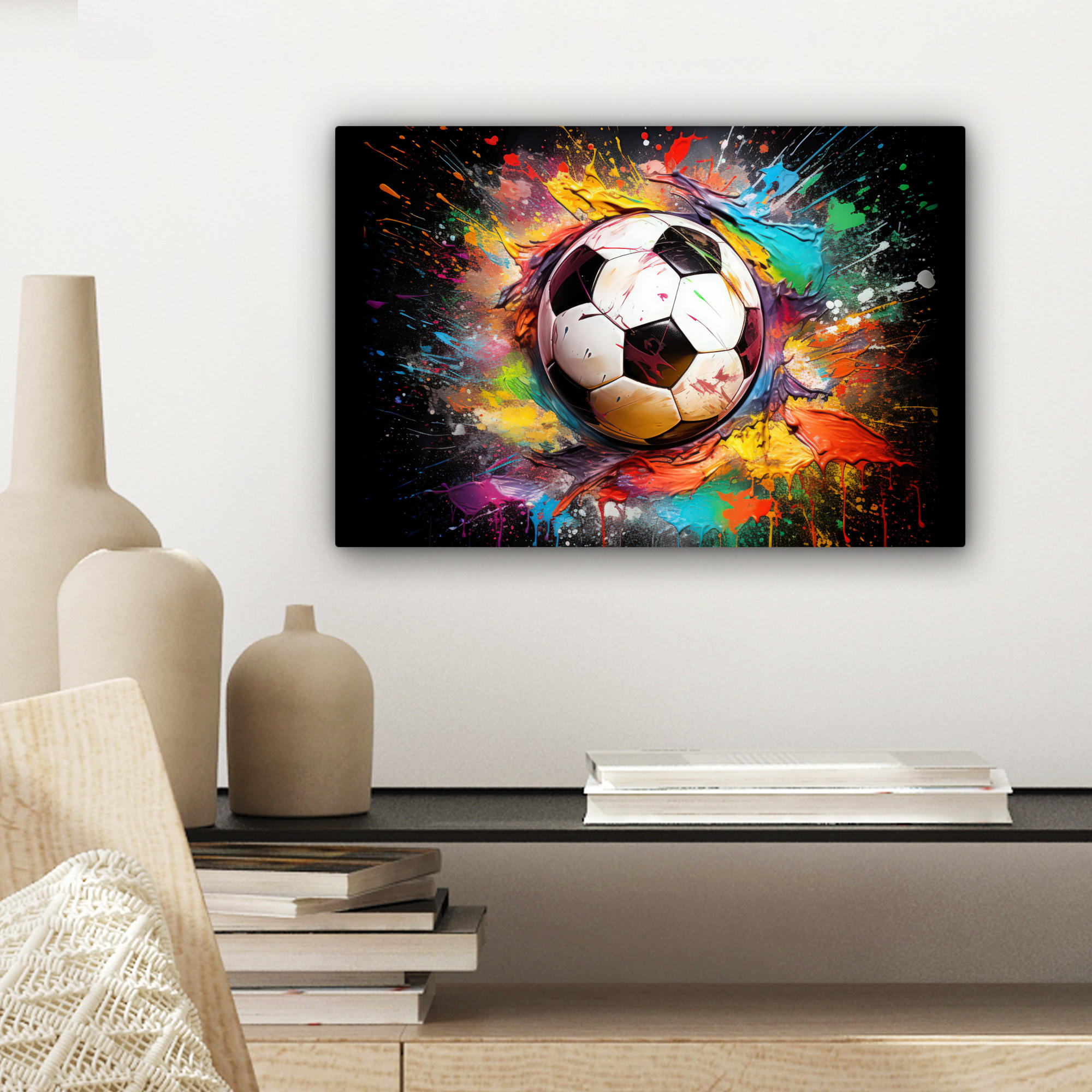 LEINWANDBILD Fußball - Farbe - Farben - Schwarz - Weiß 30x20 cm - Weiß, Textil (30/20cm) - MuchoWow