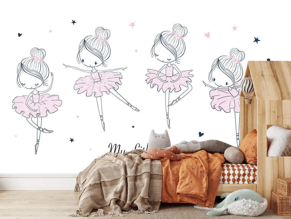 FOTOTAPETE für Kinderzimmer Kleine Ballerinen Tanzen Herzen Sterne 100x70 - Weiß, Papier (100/70cm) - Muralo