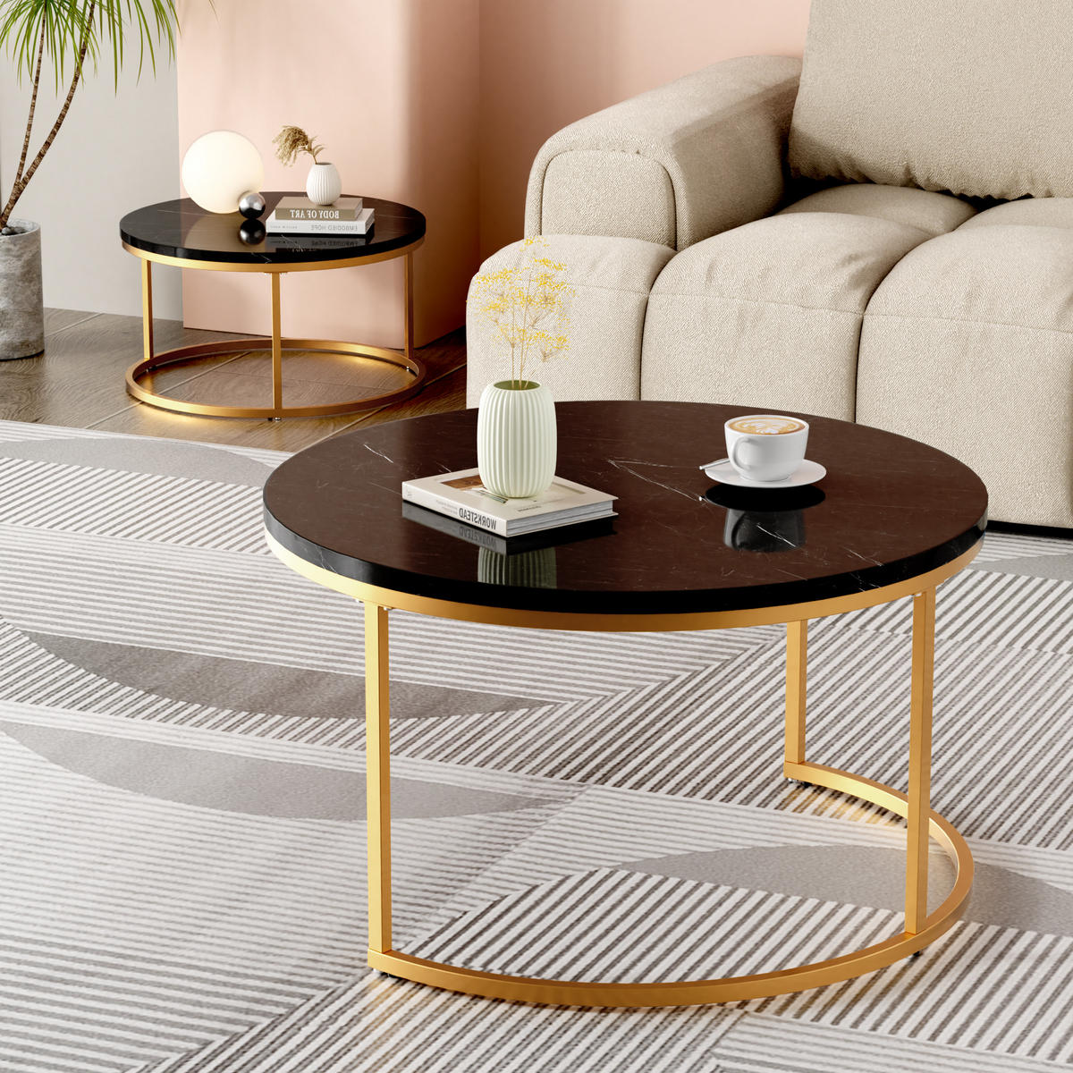 COUCHTISCH Runder 2-teiliger Satztisch 80/80 cm + 60/60 cm geschachtelt - Schwarz, Holzwerkstoff (80/80/45cm) - OKWISH