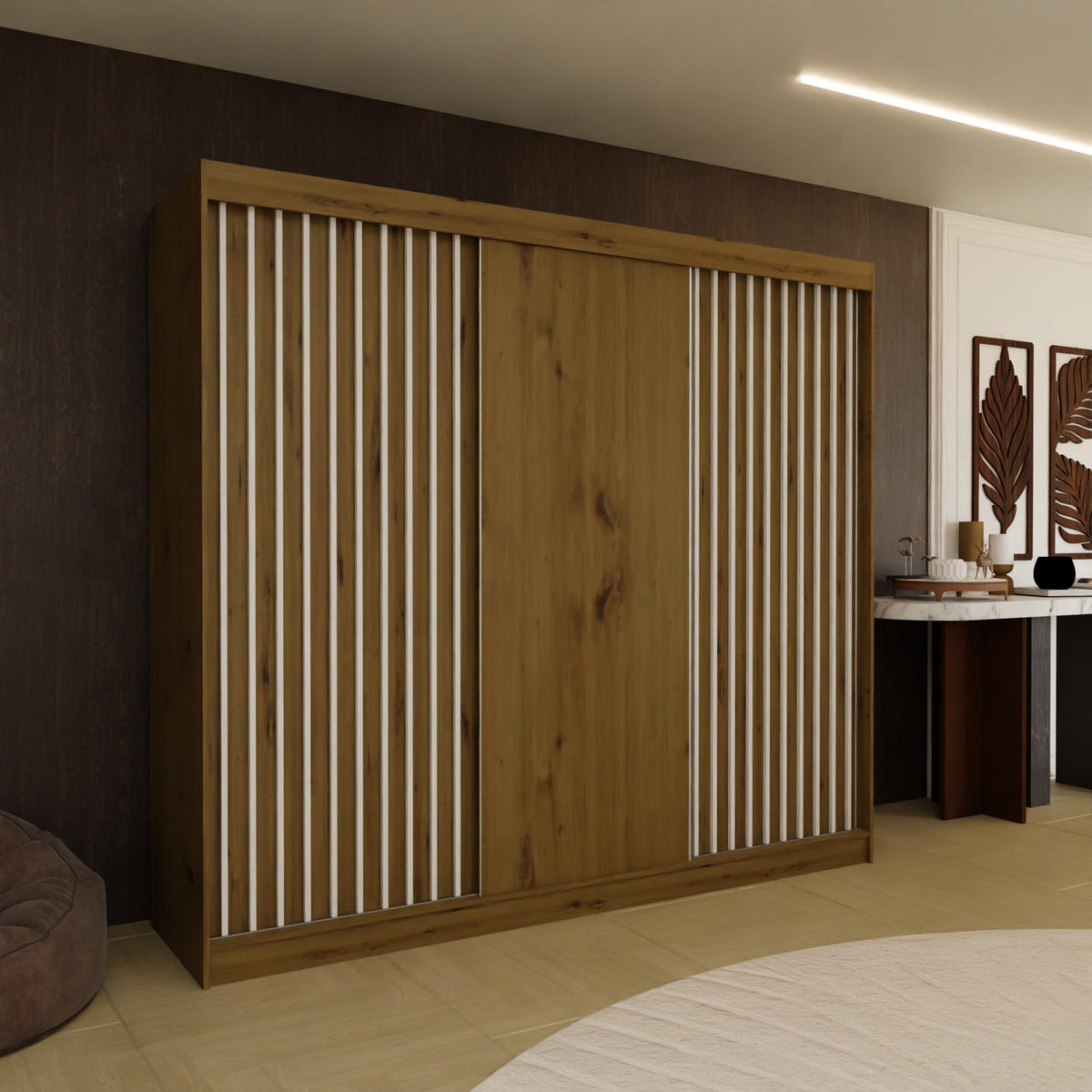 SCHWEBETÜRENSCHRANK LAMELLO 240/216/61 cm 3-türig Eiche Artisan - Eiche Artisan, Holzwerkstoff (240/216/61cm) - MASSENO