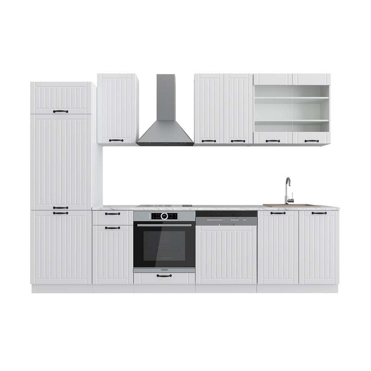 KÜCHENZEILE Fame-Line Weiß Landhaus/Weiß 300 cm, AP Marmor - Creme/Weiß, Holzwerkstoff (300/81.6/60cm) - Vicco