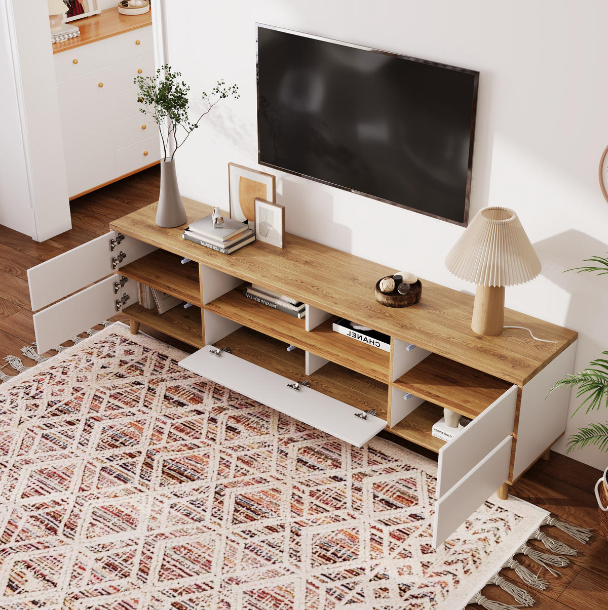 TV-LOWBOARD in Weiß und Holzoptik mit Türen und Fächern 175/37/51 cm - Weiß, Holzwerkstoff (175/51/37cm) - Redom