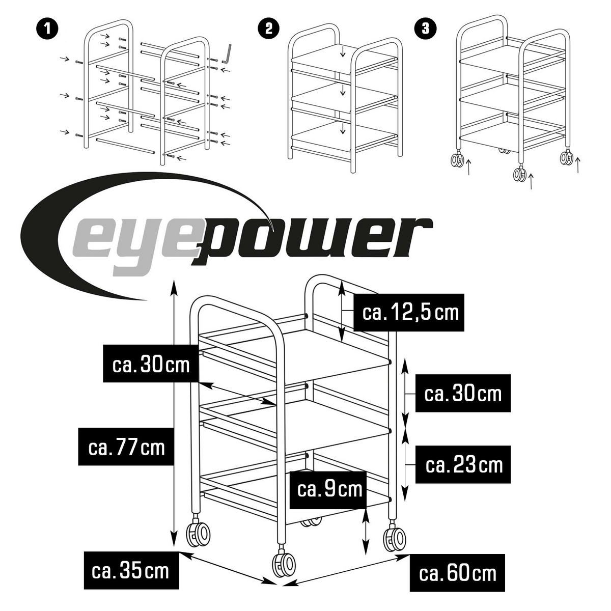 SERVIERWAGEN 60/35/77 cm mit 3 Etagen - Silberfarben, Metall (35/77/60cm) - eyepower