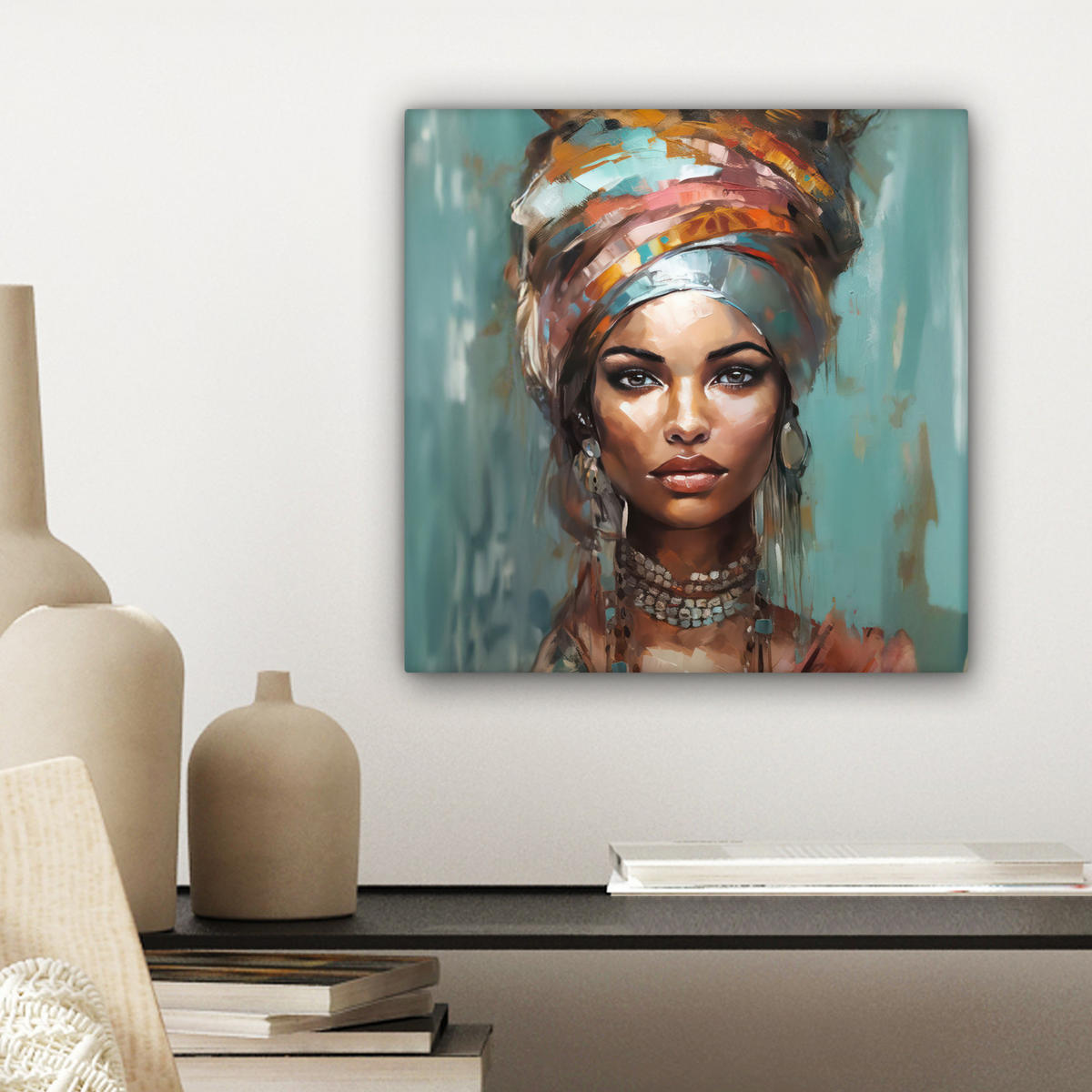 LEINWANDBILD Frau - Kunst - Schmuck - Porträt 20x20 cm - Blaugrau, Textil (20/20cm) - MuchoWow