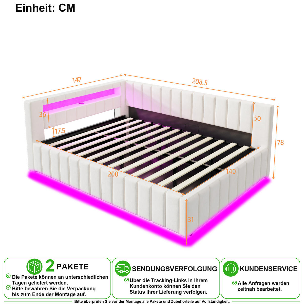 POLSTERBETT 140/200 cm in Beige mit Bettkasten, LED und USB aus Samt - Beige, Holzwerkstoff/Textil (140/200cm) - CHICFURN