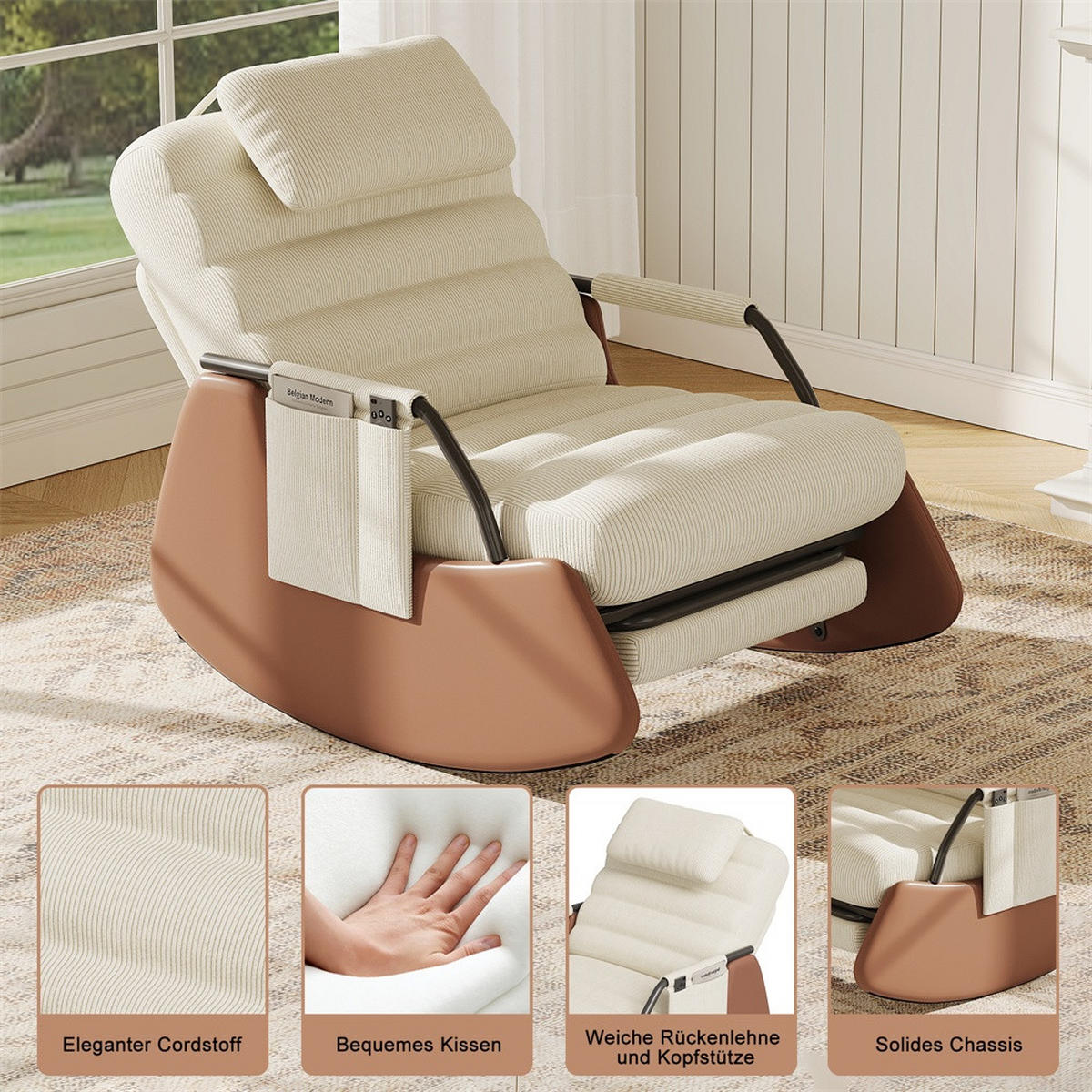 SCHAUKELSTUHL mit ausziehbarer Fußauflage und Kopfkissen - 3 stufig verstellbare Rückenlehne und Cord-Bezug - Beige - Beige, Textil (67/92/91.5cm) - DELFA
