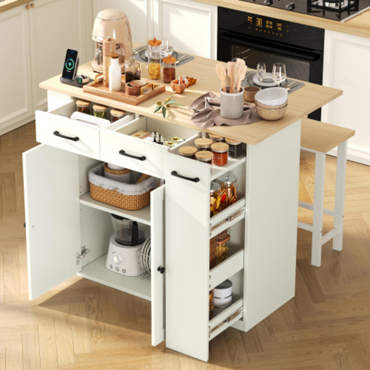 KÜCHENINSEL mit klappbarer Arbeitsplatte weiß 120×45-75×96 cm aus Spanplatte - Weiß, Holzwerkstoff (120/96/75cm) - Luhomfu