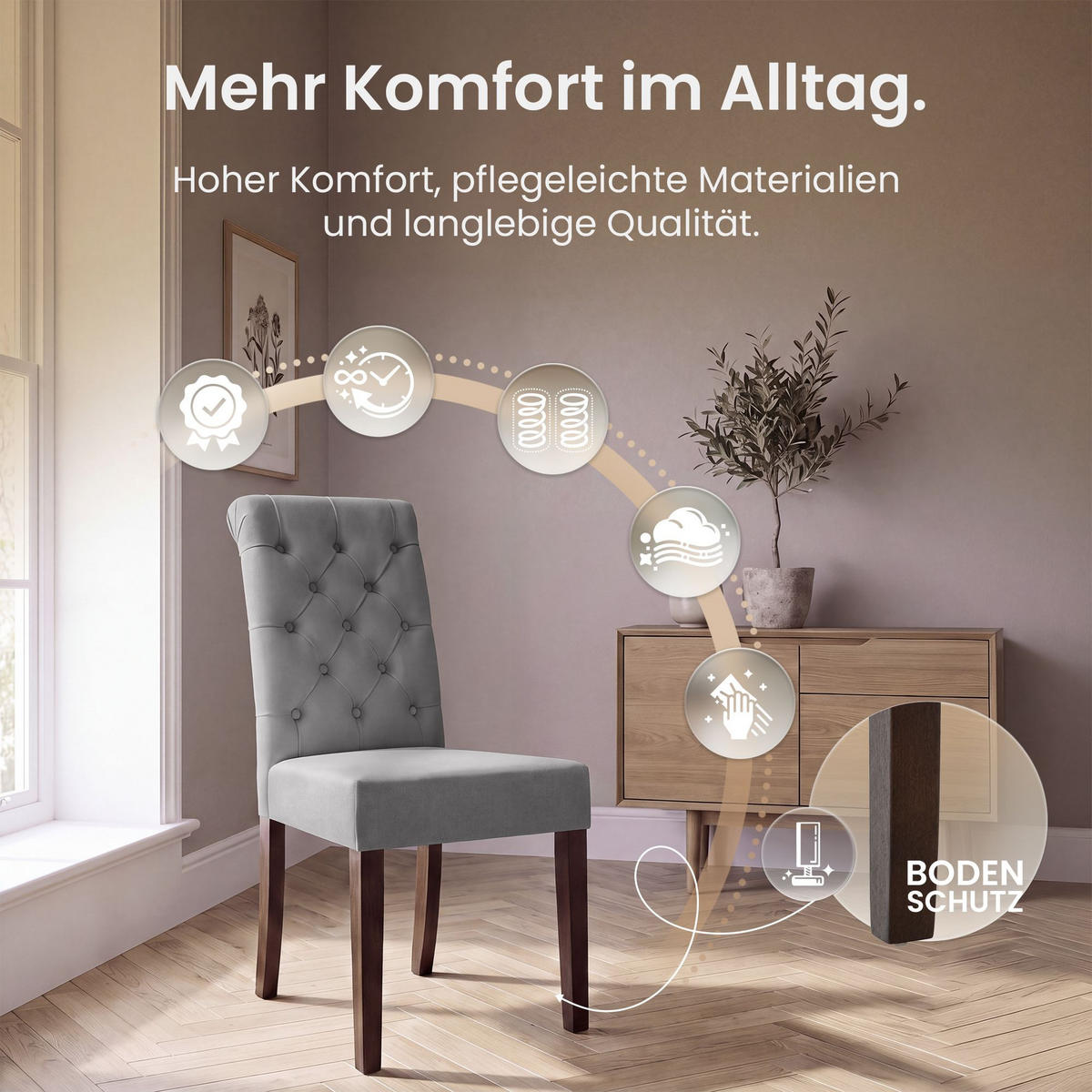 STUHL 2er Set Samt grau - Walnussfarben/Grau, Holz/Textil (45/98/63cm) - CLP