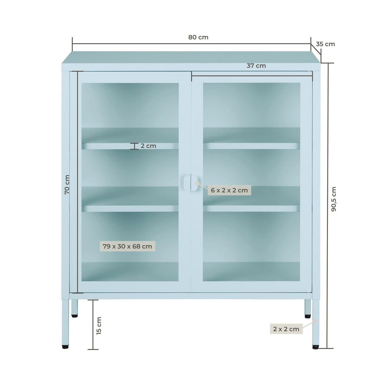 METALLVITRINE Baker, Kippschutz, höhenverstellbare Füße, grau/blau - Blau/Grau, Metall (80/90.5/37cm) - tectake