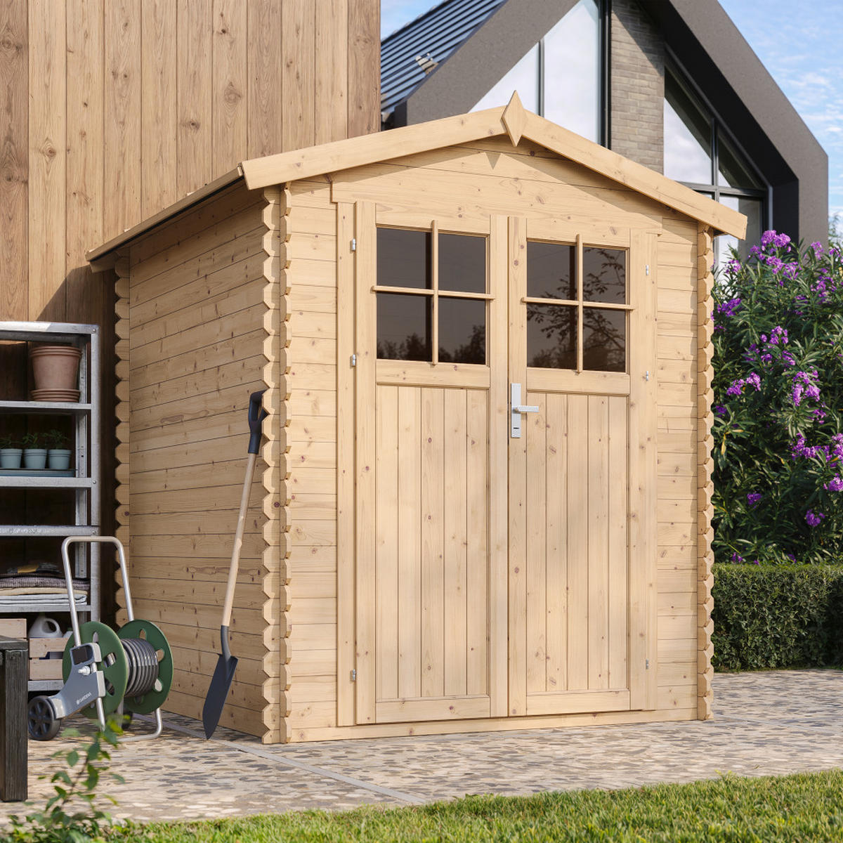 GARTENHAUS aus Holz - B196xL186xH218 cm/ 2,82 m2 - M320F+M320G - Beige, Holz (180/224/186cm) - Timbela