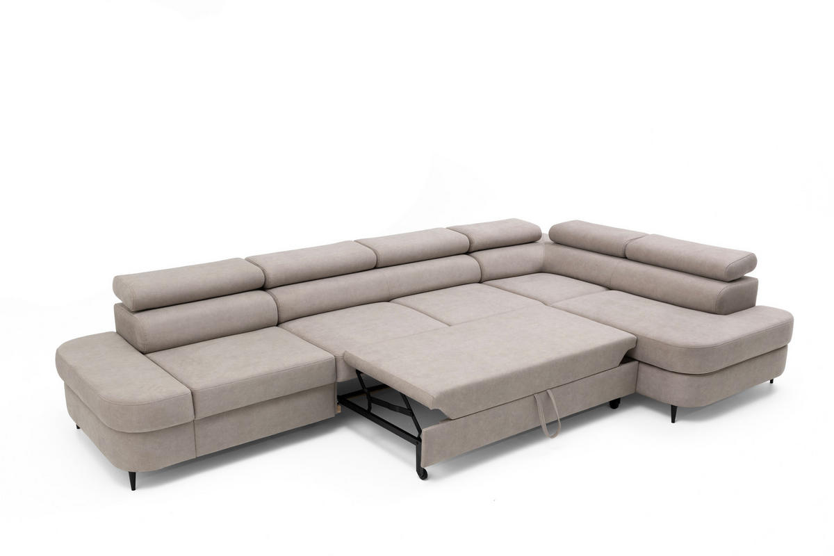 ECKSOFA PRIAM MAXI L-Form mit Schlaffunktion & Bettkasten, 6-Sitzer, 350cm, Verstellbare Kopfstützen Ottomane rechts - Beige, Holz/Textil (350/203cm) - Muffo