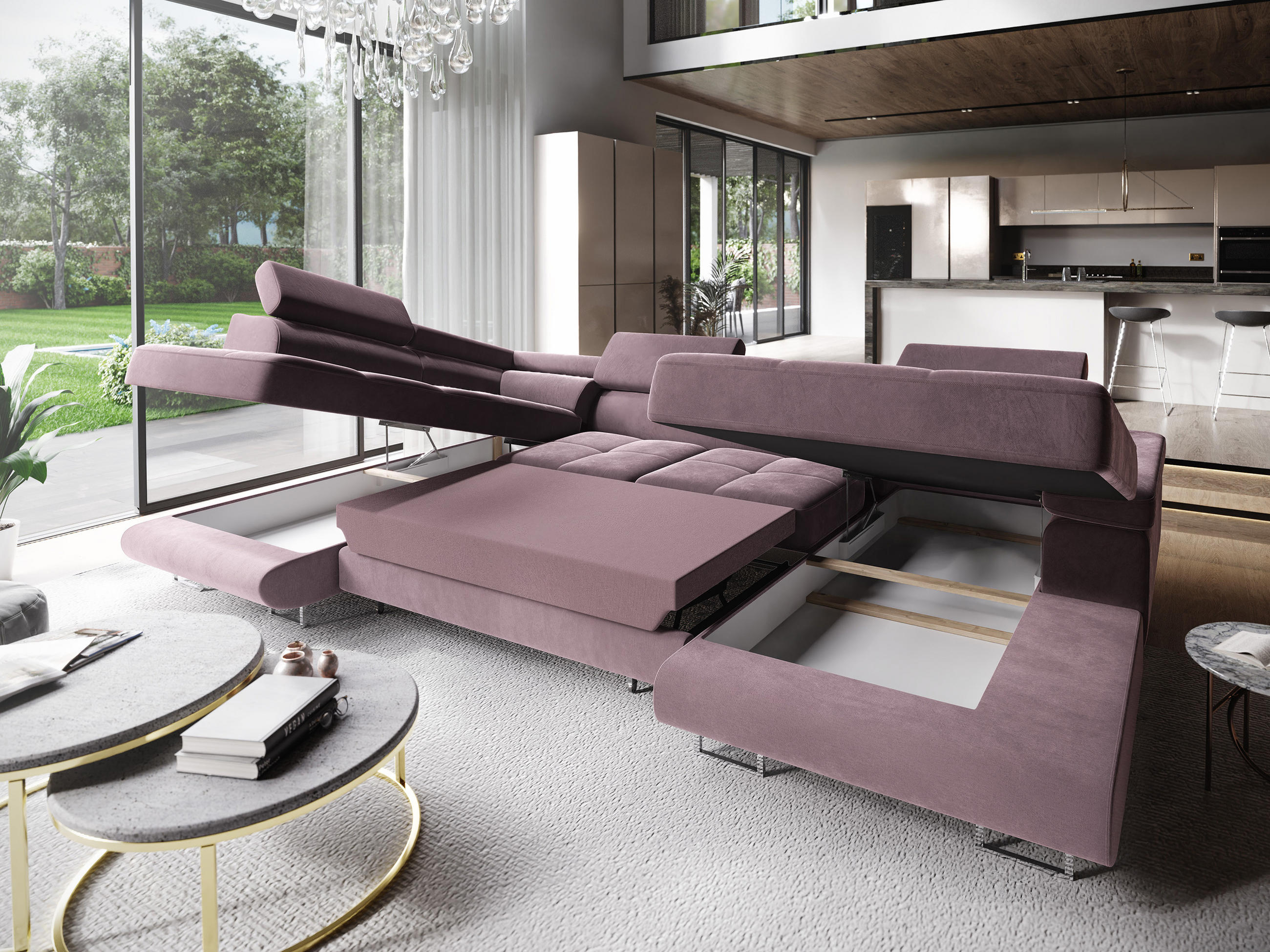 WOHNLANDSCHAFT CASONE L-S Lila Velours-Stoff mit Schlaffunktion - Lila, Holz (345/90/202cm) - MASSENO