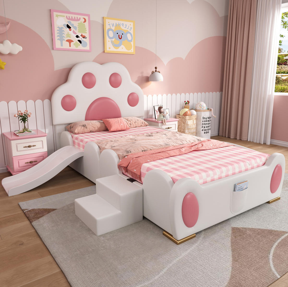 KINDERBETT aus PU 90x200 cm Weiß/Rosa mit Rutsche, zweistufiger Leiter und Katzenpfoten-Kopfteil - Weiß, Kunststoff (90/200cm) - Modfu