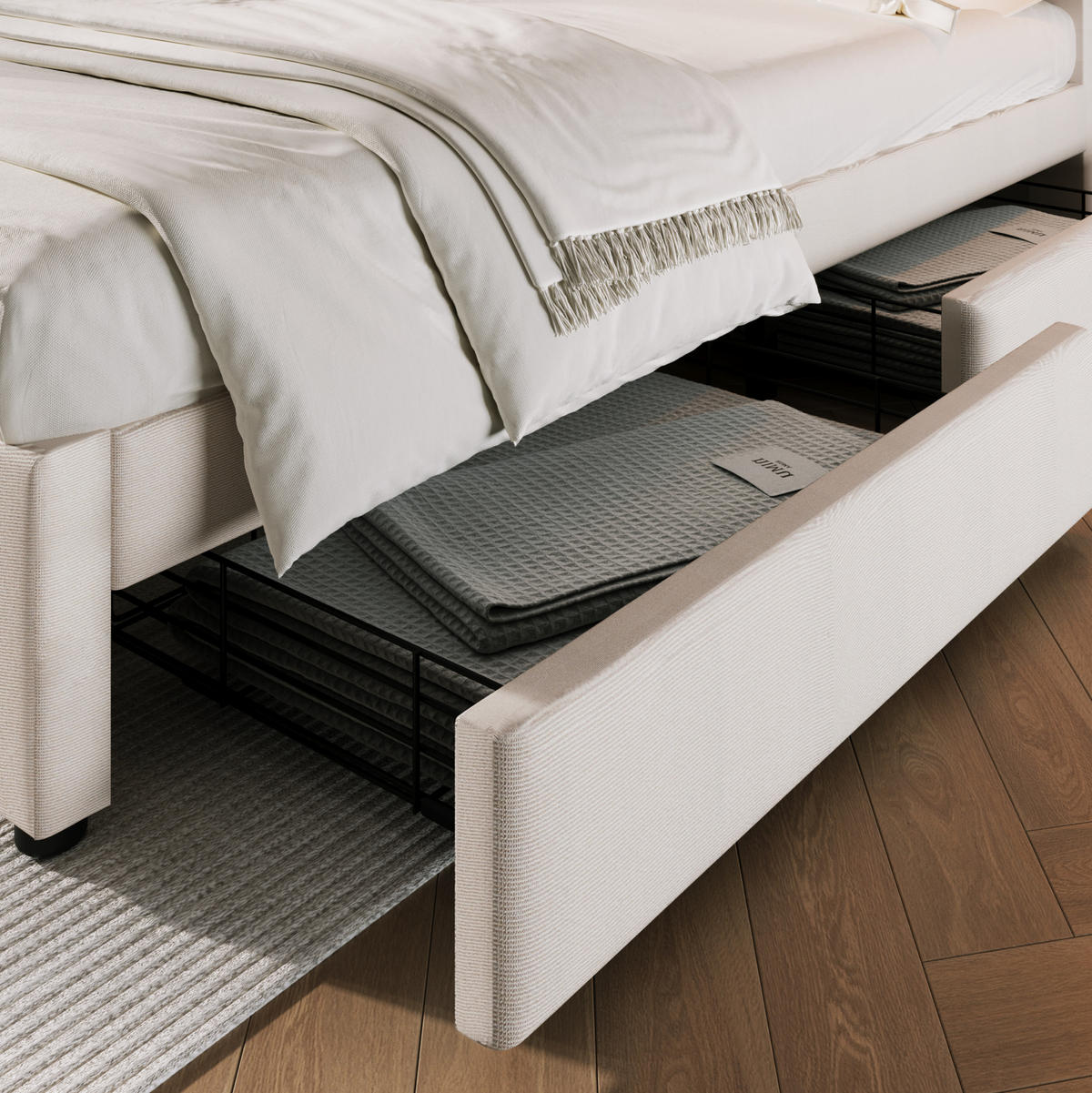 POLSTERBETT 140/200 cm mit Matratze, 4 Schubladen und verstellbarem Kopfteil - Beige, Textil (140/200cm) - BEAOK