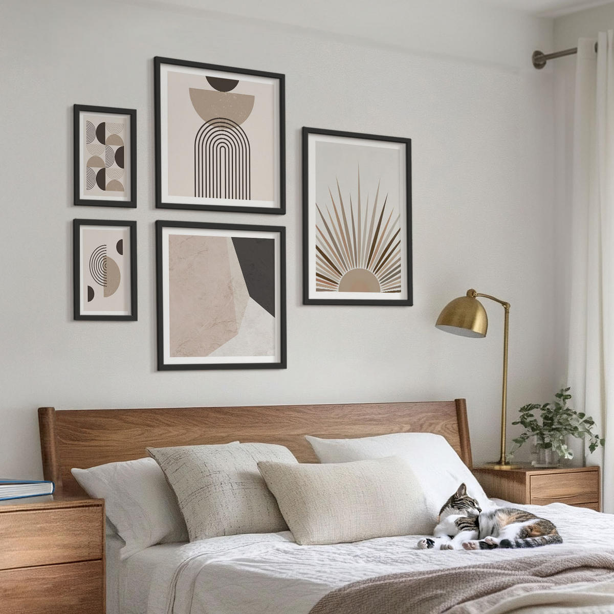 WANDBILDER 5er-Set - 50x50 cm & 20x30 cm & 40x60 cm Schwarzer Rahmen - Abstrakte beige und braune Formen - Schwarz, Kunststoff (40/60cm) - ArtPrintCave