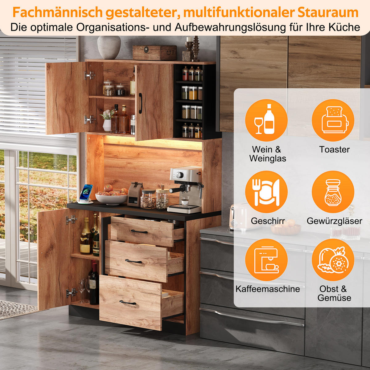 BUFFET 105/40/180 cm aus MDF mit LED-Beleuchtung und Steckdosenleiste Schwarz (Holzoptik) - Naturfarben, Holzwerkstoff (105/180/40cm) - Modenvie
