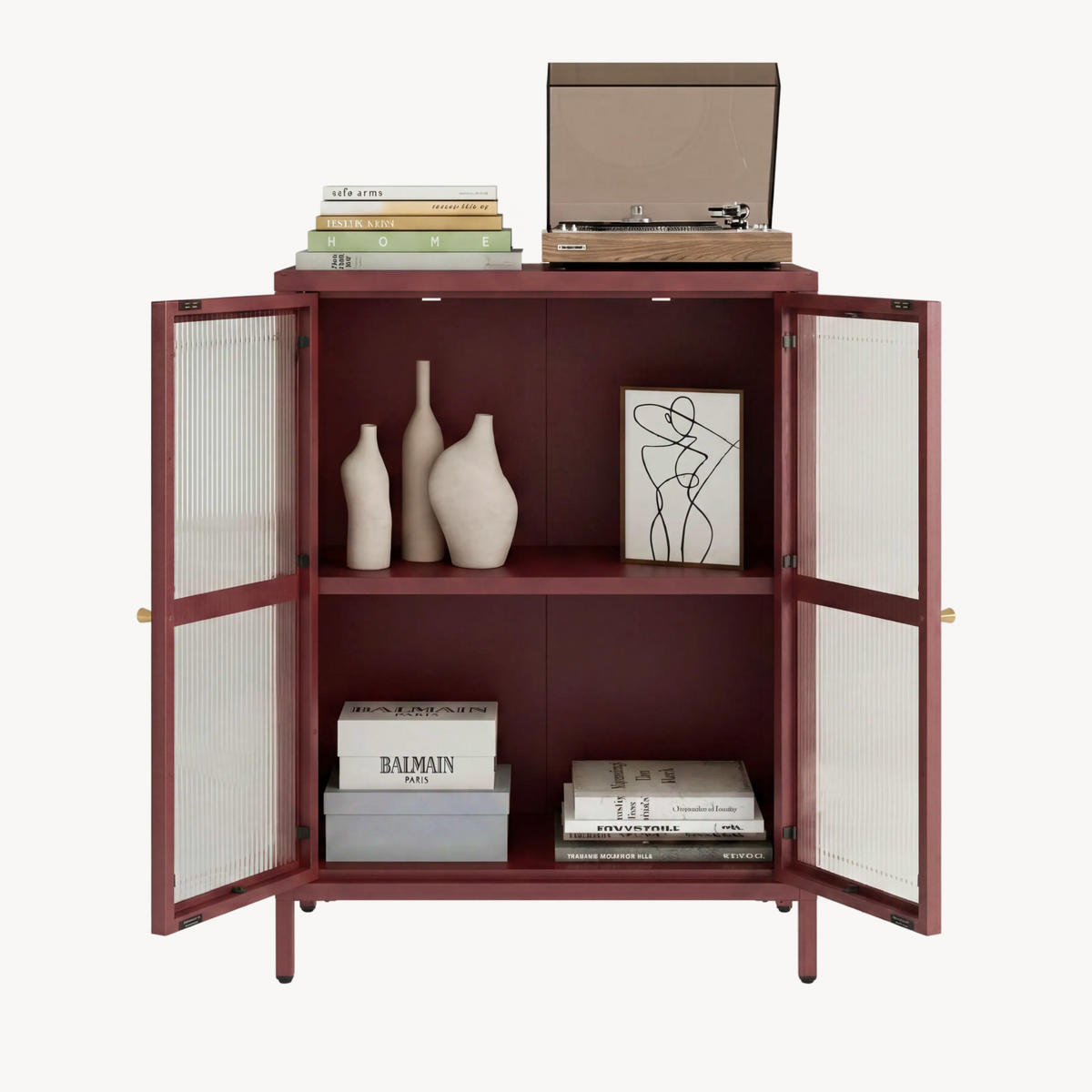 VITRÍNA Säkylä - bordeaux/průhledná, kov/sklo (64/84/35cm) - [en.casa]