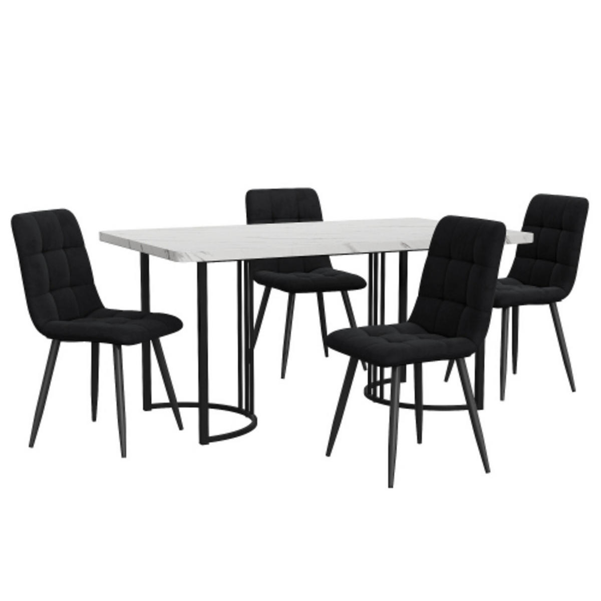 ESSZIMMER-SET 5-tlg mit Marmor-Spanplatten-Tisch 140x80, vier Samtstühlen mit verstellbaren Metallbeinen, weiß-schwarz - Schwarz, Holzwerkstoff (80/75/140cm) - Luhomfu