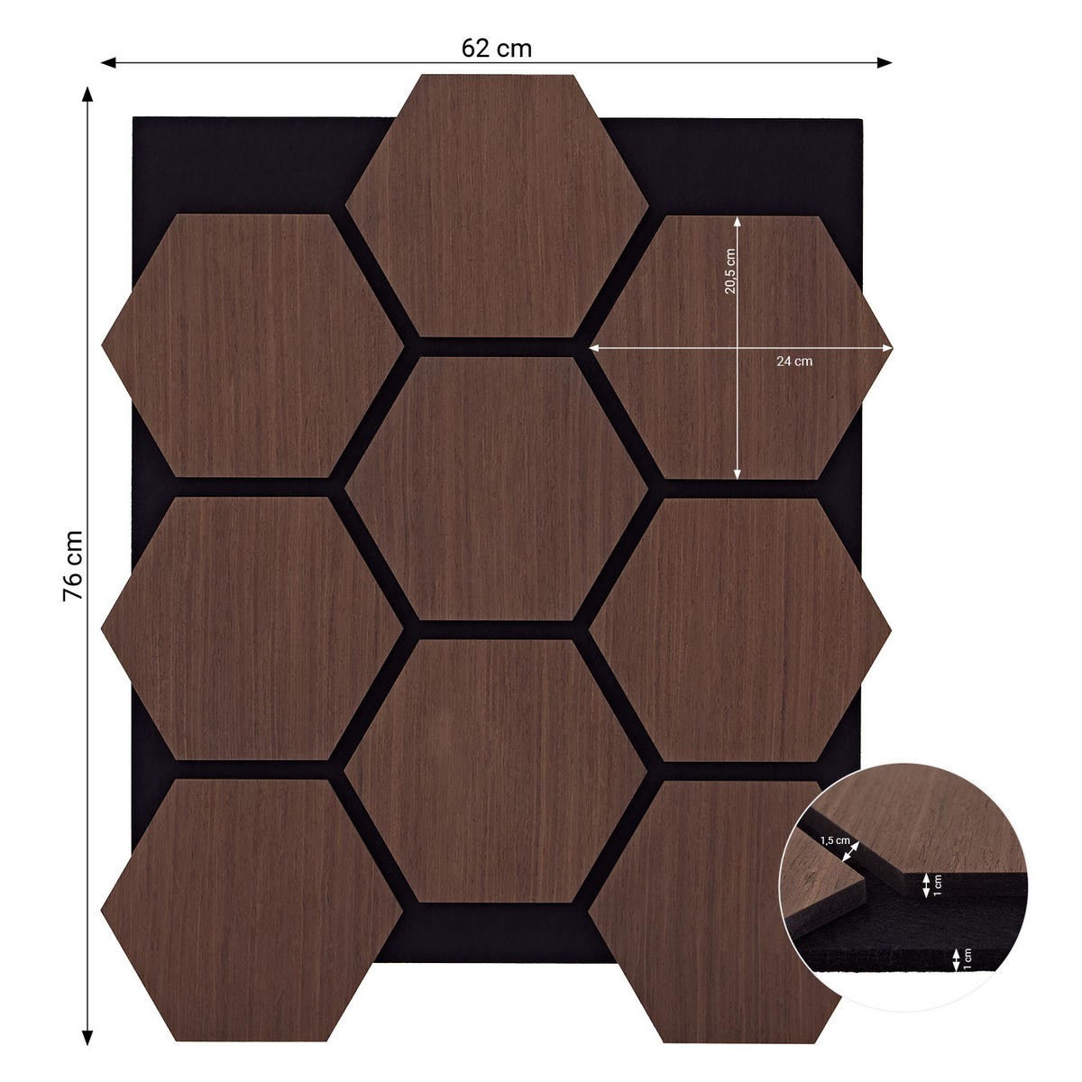 AKUSTIKPANEEL Hexagon Braun 8 Stück - Braun, Holz (62/76/2cm) - Homestyle4u