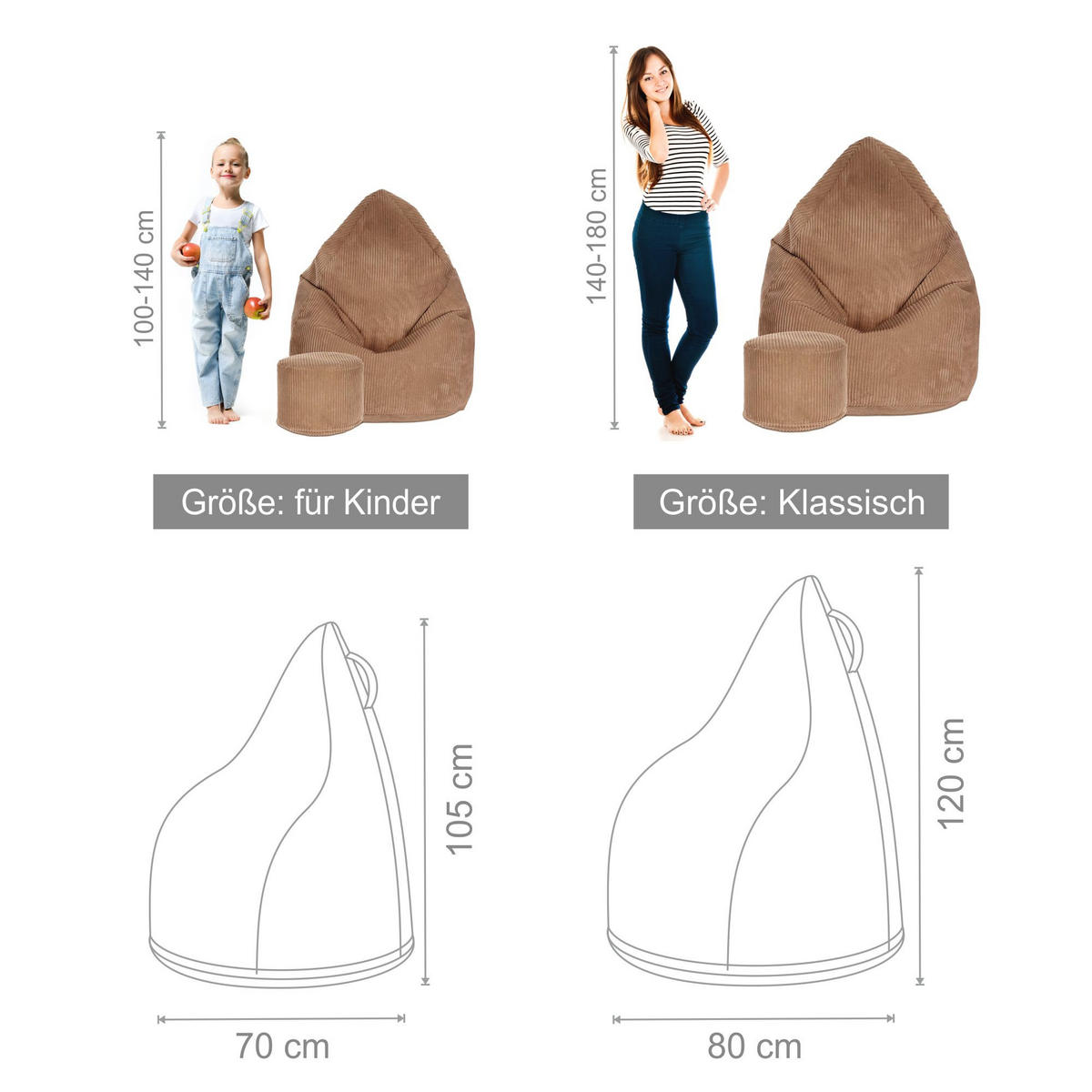 SITZSACK MIT FUßSTÜTZE Kordsamt 2-tlg Brown Bear M - Hellbraun, Textil (80/120/80cm) - Dreamroots
