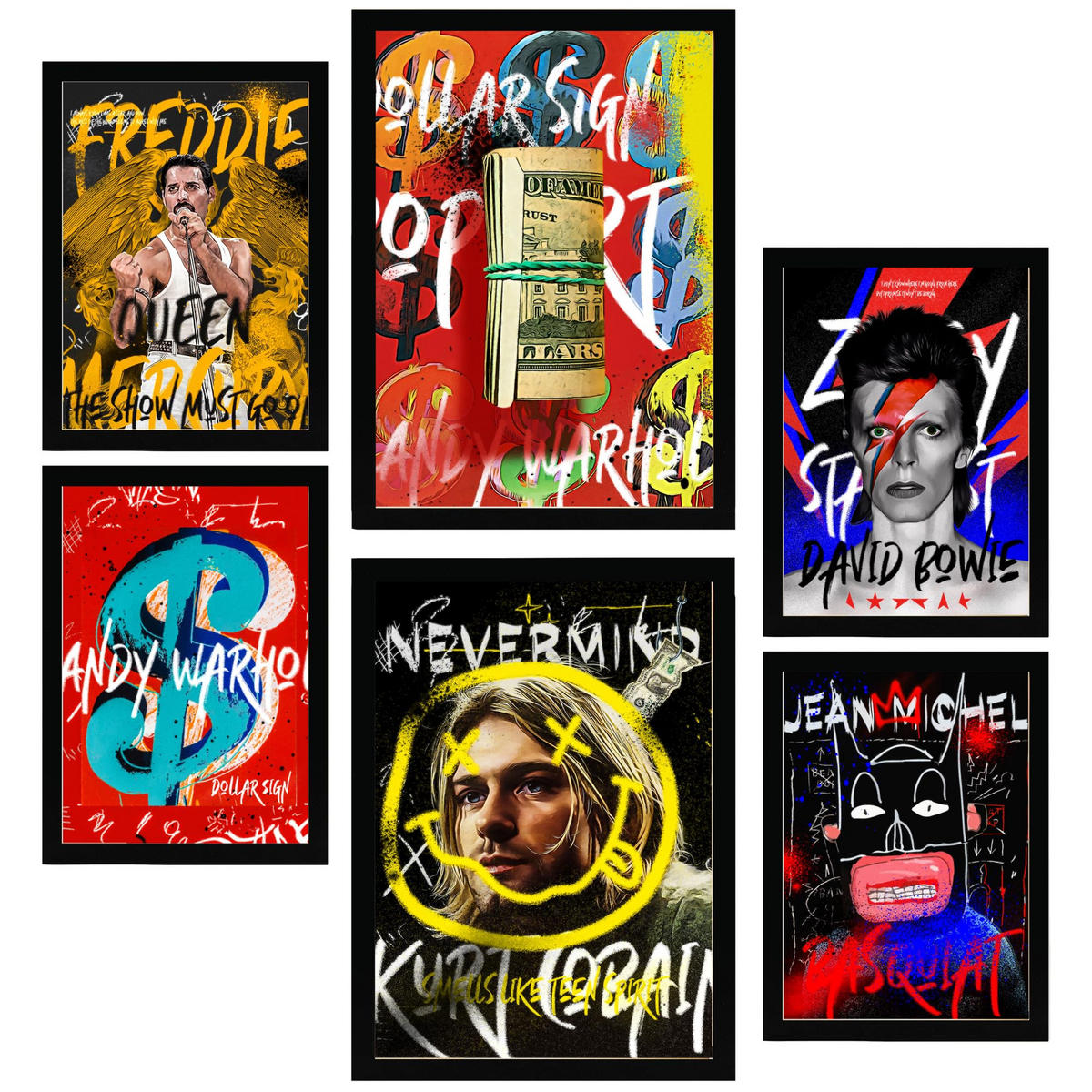 POSTER Set Mit 6 Ikonischer Nirvana Bowie Mercury Warhol Basquiat Grafiti A3 & A4 Schwarzer Rahmen - Schwarz, Papier (29/3cm) - Nacnic