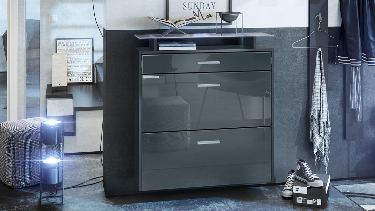 SCHUHSCHRANK Malea Fronten in Grau Hochglanz - Grau, Holzwerkstoff (89/96/23cm) - Vladon