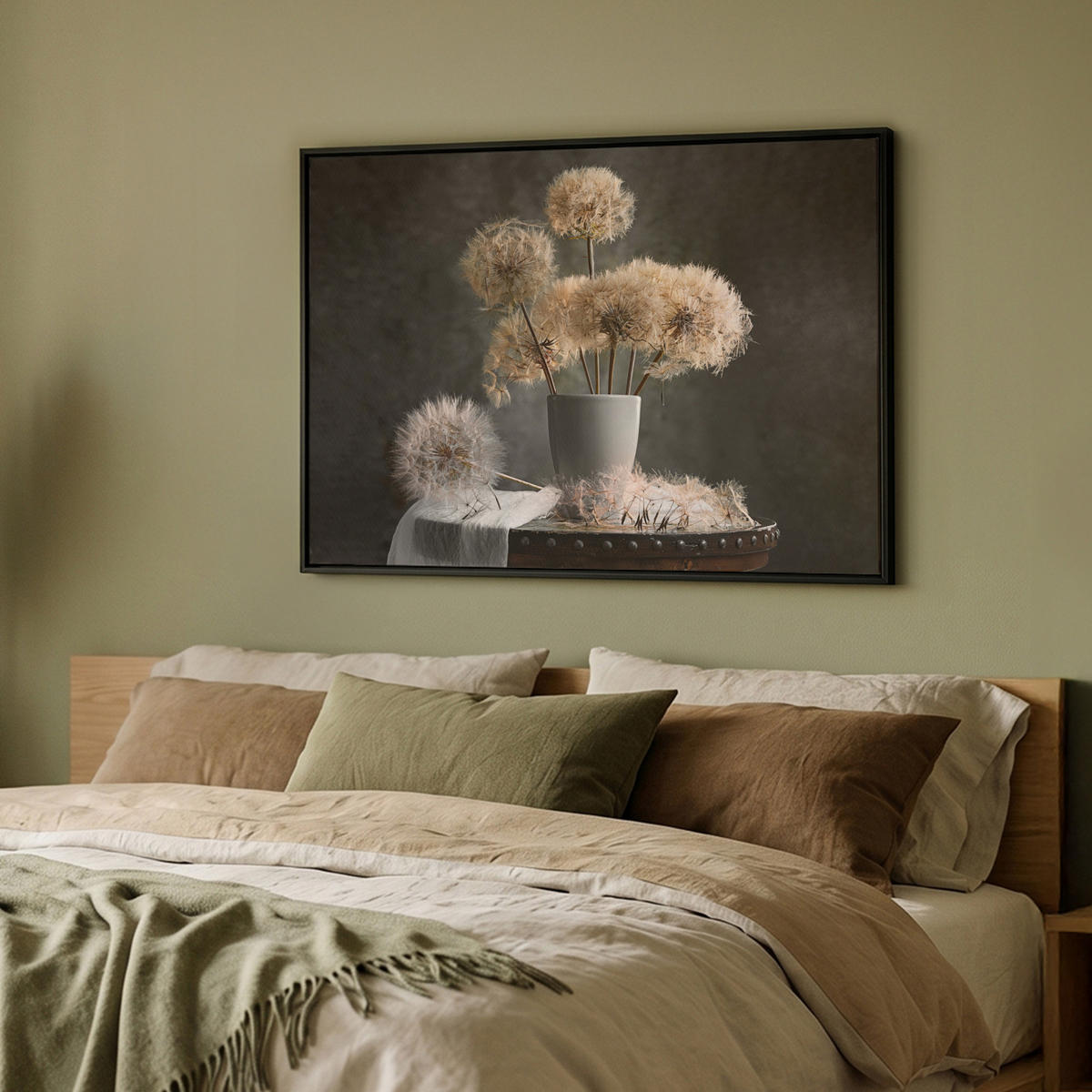 LEINWAND Bilder mit Rahmen - Blumensamen - Löwenzahn - Vase - Stilleben - Blumenstrauß - 100x70 - Dunkelgrau, Textil (100/70cm) - MuchoWow