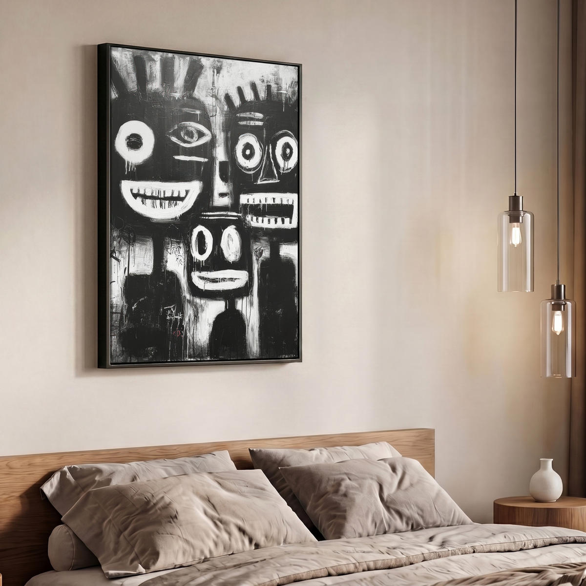 LEINWAND Bilder mit Rahmen - Malerei - Figuren - Schwarz - Abstrakt - 70x100 - Schwarz, Textil (70/100cm) - MuchoWow