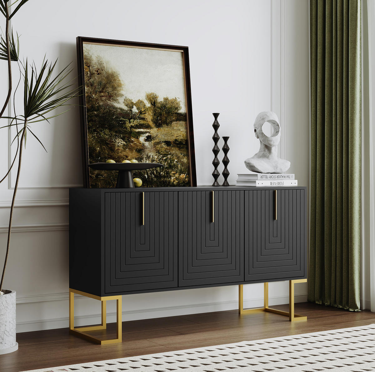 SIDEBOARD mit 3 Türen in Schwarz – modernes Design mit verstellbaren Einlegeböden - Schwarz, Holzwerkstoff (138/80.5/40cm) - BEAOK