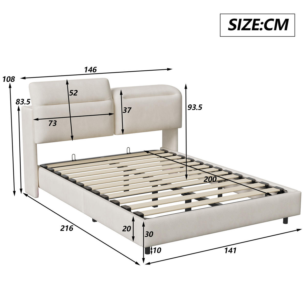 POLSTERBETT 140x200 cm, Beige, Doppelbett mit Stauraum & LED-Beleuchtung - Beige, Textil/Metall (140/200cm)