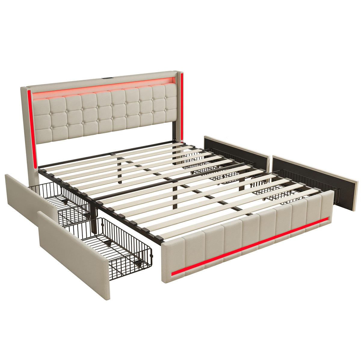 POLSTERBETT 160x200 cm mit 4 Schublade, Doppelbett 160x200 cm mit LED und USB, Lattenrost, Bett 160x200, Beige Leinenstoff - Beige, Holzwerkstoff/Textil (160/200cm) - GENKI LIVING