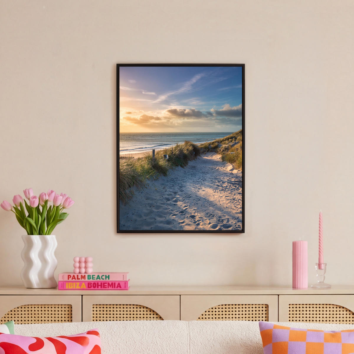 LEINWAND Bilder mit Rahmen - Sonnenuntergang - Strand - Düne - Gras - Ufer - 50x70 - Sandfarben, Textil (50/70cm) - MuchoWow
