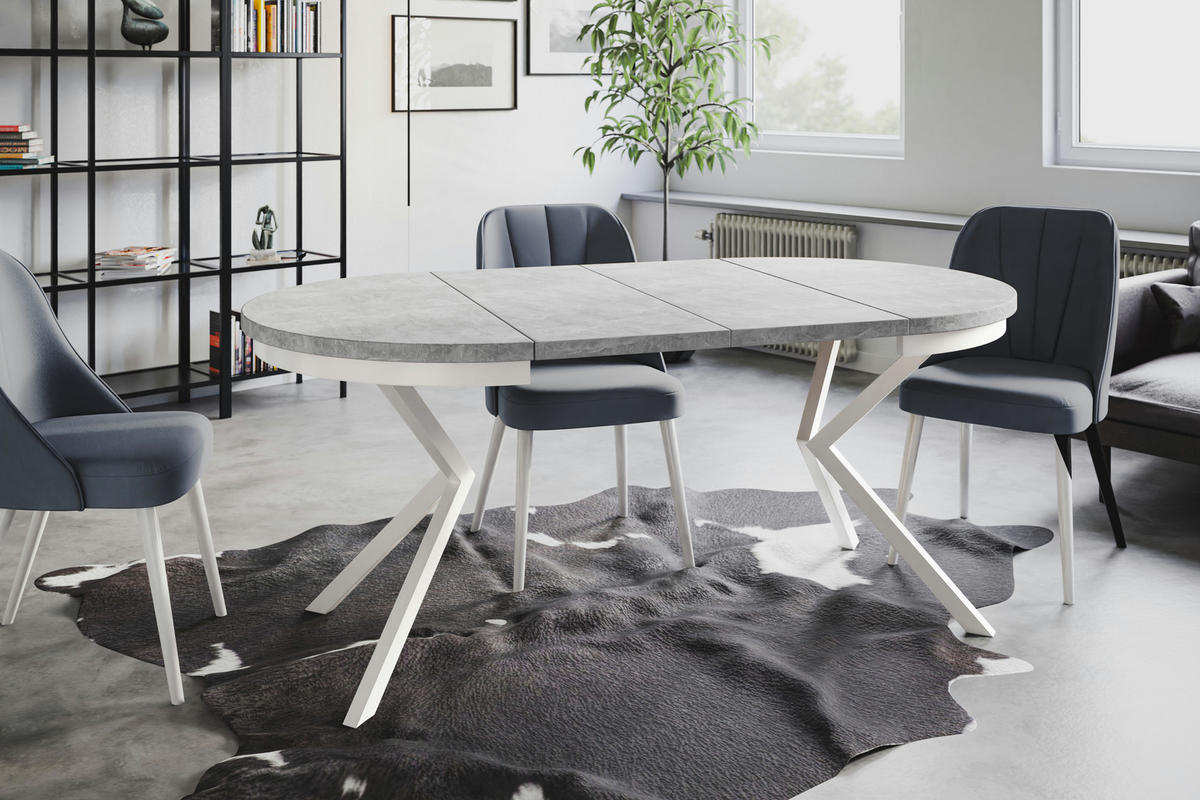 ESSZIMMERTISCH BERGO, ausziehbarer Tisch 90 cm/170 cm, Farbe: Hellgrau, mit Metallbeinen in Farbe Weiß - Weiß/Grau, Holzwerkstoff (90/90/76cm) - Alpi-Möbel
